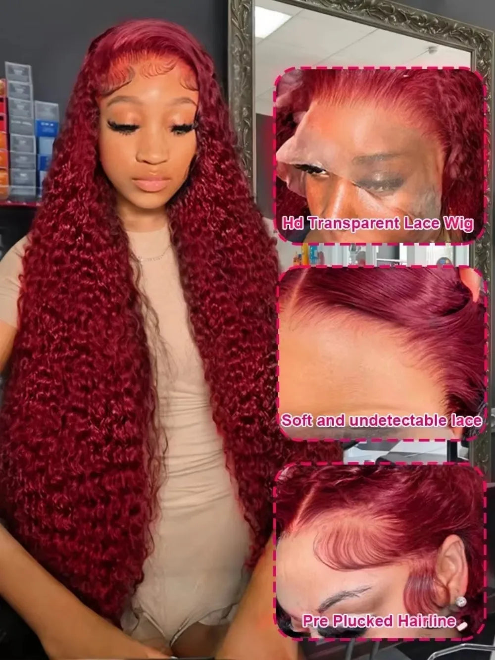 220% Density Deep Wave 99J Burgundy 13x6 Lace Frontal Wigs Brazilian Human Hair Water Curly Red Colored 13x4 Lace Frontal Wigs