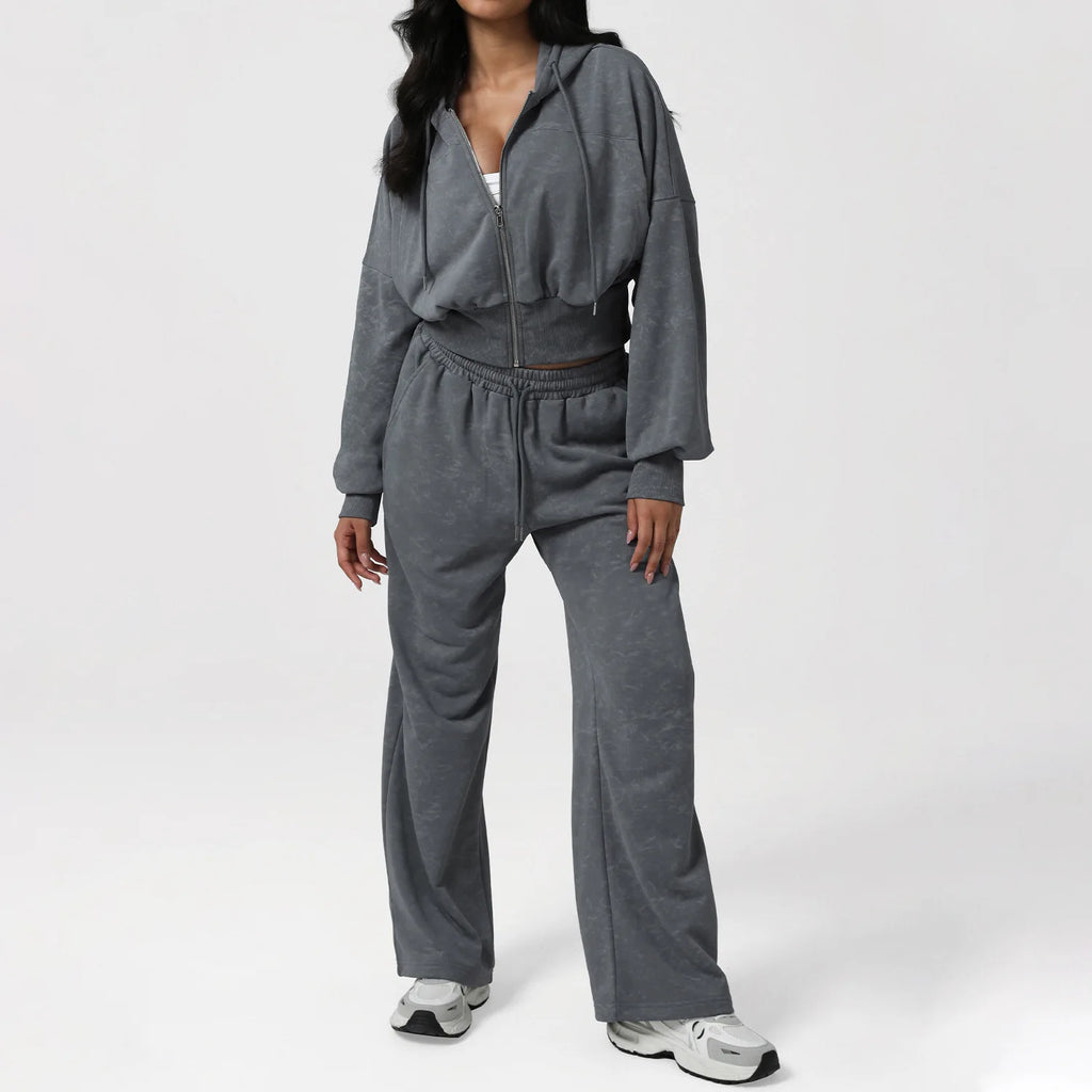 Autumn Winter Tie Dye Workout Fitness Sports Tracksuits Tie Dye Long Sleeve Hooded Jacked High Waist Wide Leg Pants Running Suit