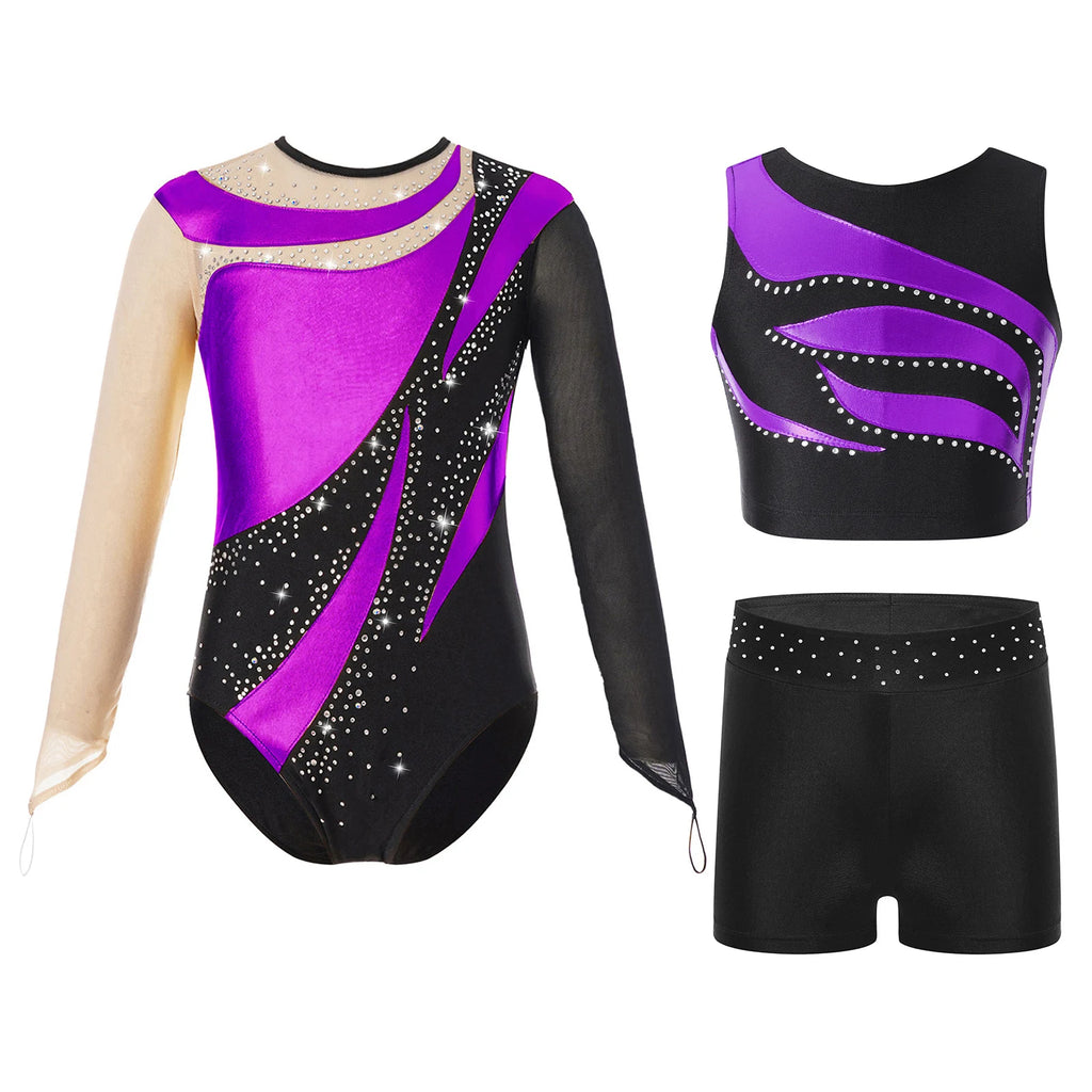 Kids Girls Ballet Sets Gymnastics Workout Leotard Sportswear Tracksuit Dance Outfits Glittery for Dance Practice and Performance