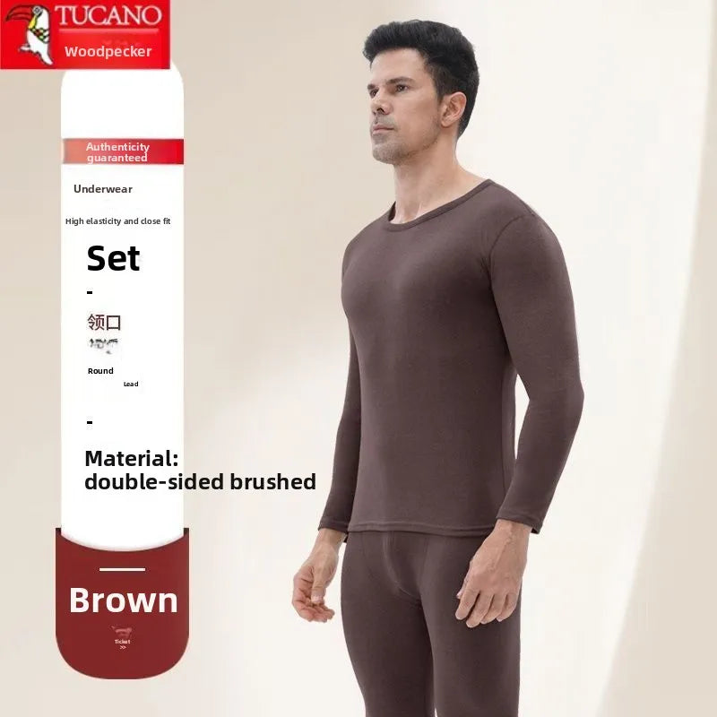 Woodpecker Autumn and Winter Double-sided Velvet Inner Warm Suit Men's Slim-fitting Bottoming Skin-friendly Warm Pajamas Man