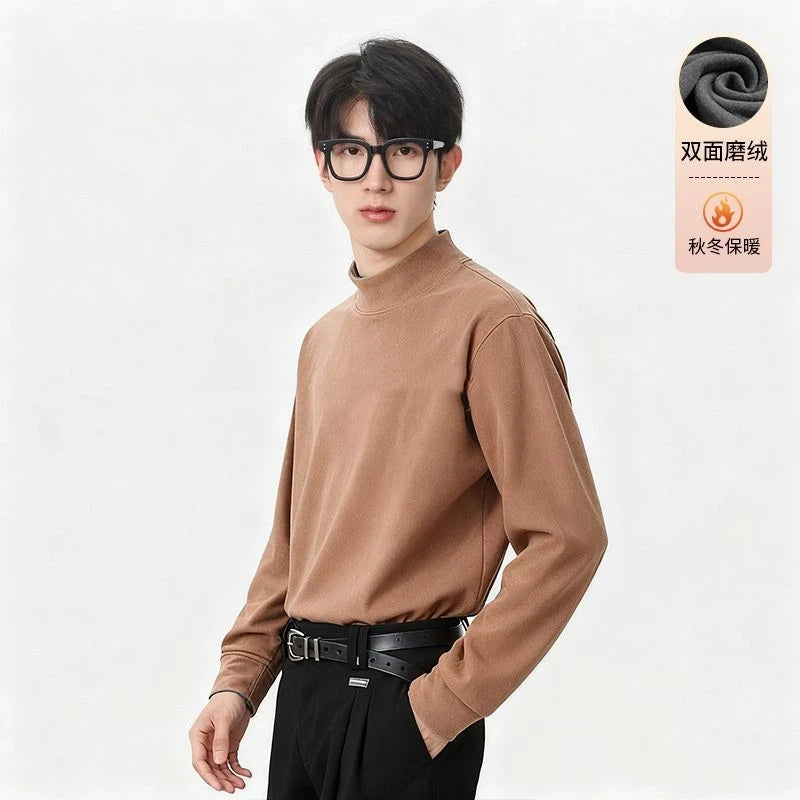 Autumn and Winter Solid Color Double-sided Brushed Half Turtleneck Thermal Bottoming Shirt Long-sleeved T-shirt Men's Casual Top