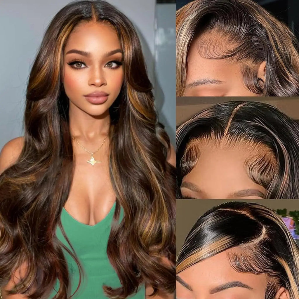 13x6 Highlight Ombre Lace Frontal Wig Human Hair 1B/30 Body Wave Lace Front Wigs 250% Density HD Transparent for Women 30Inch