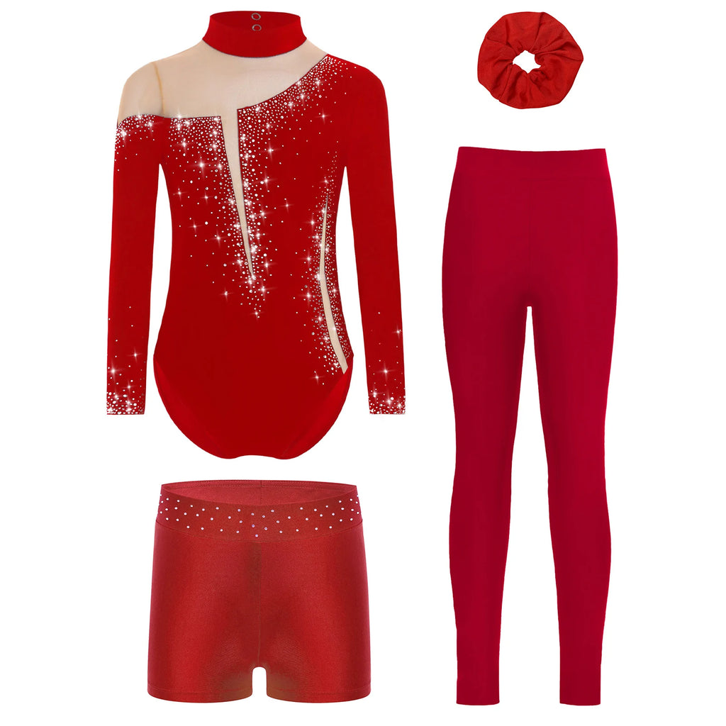 Kids Girls Ballet Gymnastics Dance Outfit Sports Tracksuits Elegant Keyhole Back Leotard with Matching Shorts for Yoga Fitness
