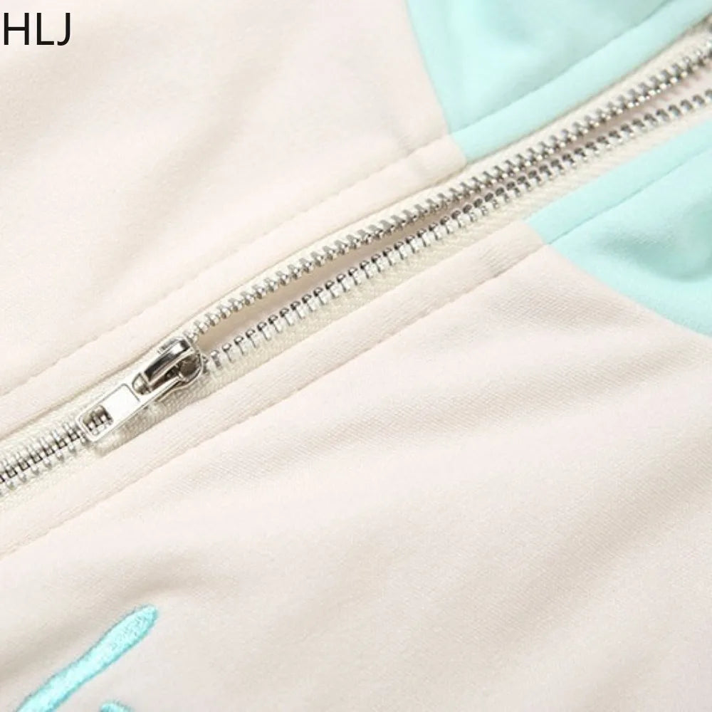 HLJ Autumn New Fashion Letter Embroidery Patchwork Women 2 Piece Set Zip Long Sleeve Crop Top + Shorts Matching Female Tracksuit