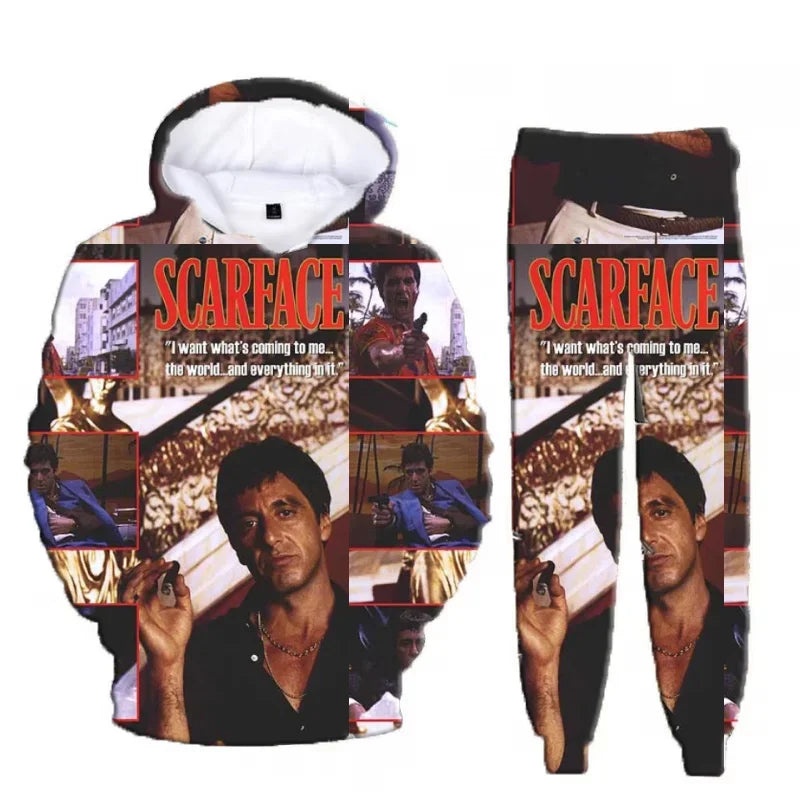 Hot Sales Classic Movie Scarface Tony Montana 3D Print Hoodie Suit Men Sweatshirts Sweatpants Casual Two Piece Tracksuit Set