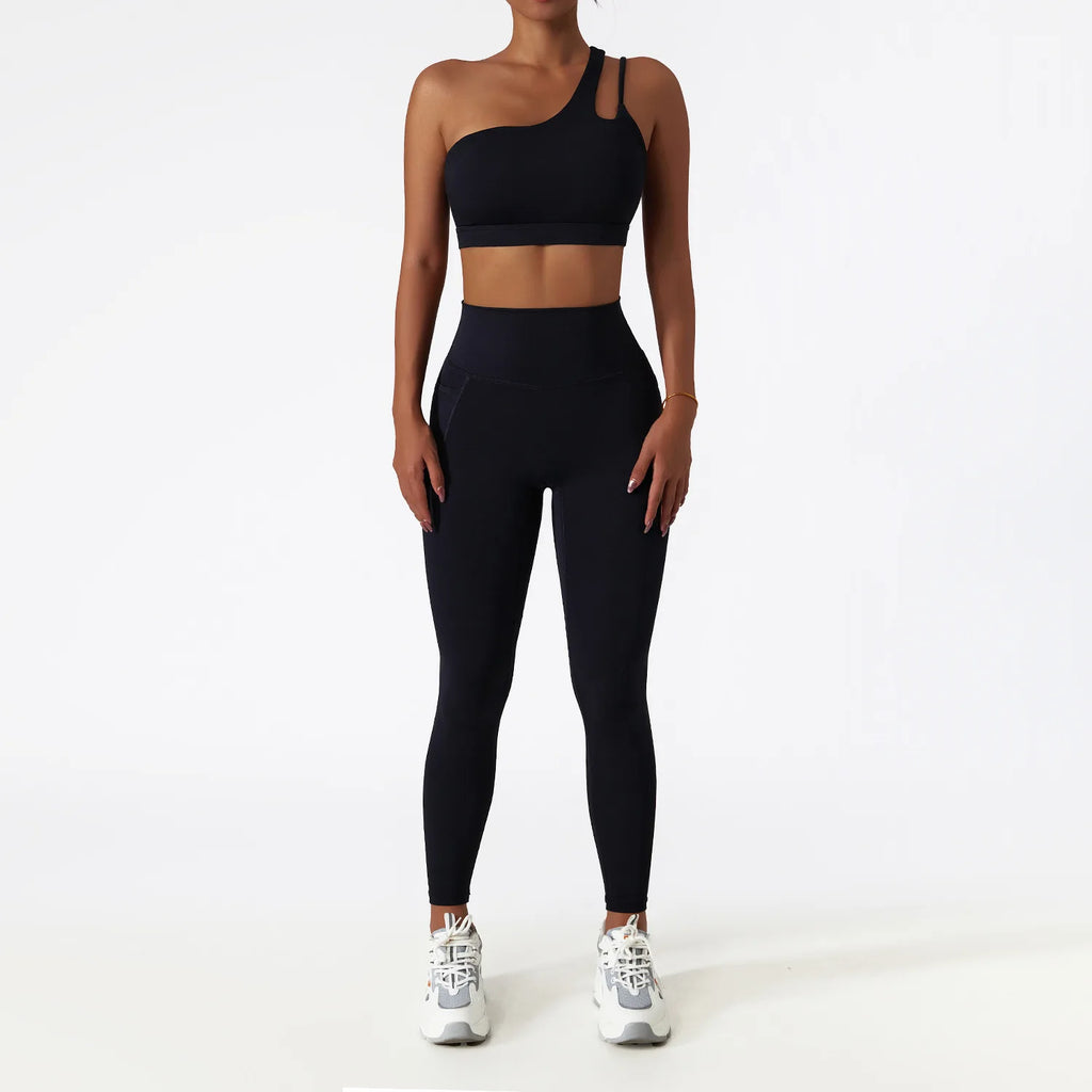 BIANHUI Sportswear Yoga Set Quick-Dry Tight Suit With Pocket Sports Women Tracksuits Asymmetric Shoulder Running Gym Leggings