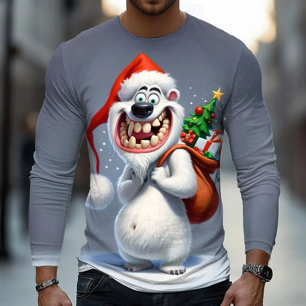 Funny White Bear Graphic T Shirt For Men Christmas Style Men's Long Sleeve Tee Spring Autumn Casual T-shirt Trend Men's Clothing