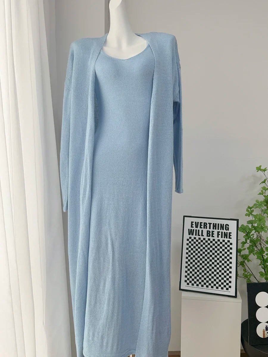 Hirsionsan Soft Loose Sets Women Two Pieces Long Sleeve Cardigan & Vest Dresses Elegant Female Hollow Outfits Cotton Tracksuit