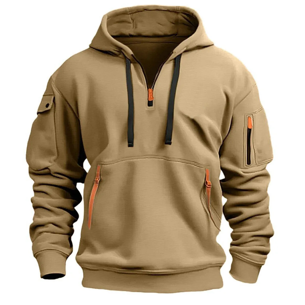Men's Casual Sports Hoodie Spring Autumn Fashion Solid Color Long-Sleeved Pullover with Arm Pocket And Pull Rope plus Size