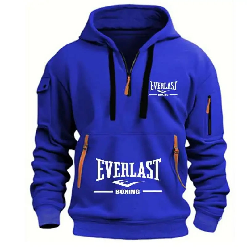 Men's Fashion Casual Hoodie Multi-pocket Sports Long-sleeve Sweatshirt Up Down Print Warm Half Zip Hooded Fitness Pullover Good