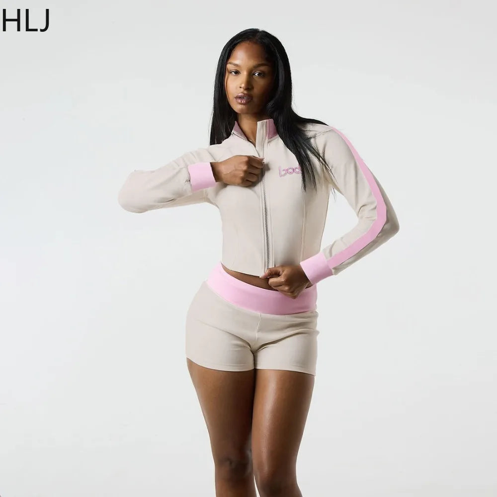HLJ Autumn New Fashion Letter Embroidery Patchwork Women 2 Piece Set Zip Long Sleeve Crop Top + Shorts Matching Female Tracksuit
