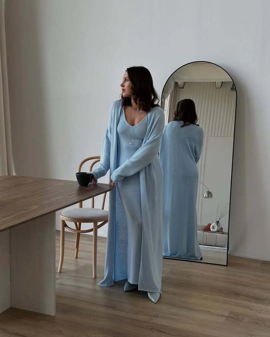 Hirsionsan Soft Loose Sets Women Two Pieces Long Sleeve Cardigan & Vest Dresses Elegant Female Hollow Outfits Cotton Tracksuit