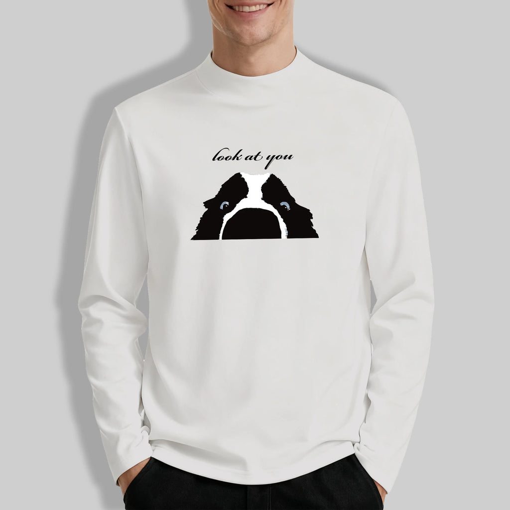 Secretly Watching Your Little Dog Men Mock Neck Elasticity Top Fashion Tee Autumn Retro Soft Long Sleeve Unisex Simple Clothes
