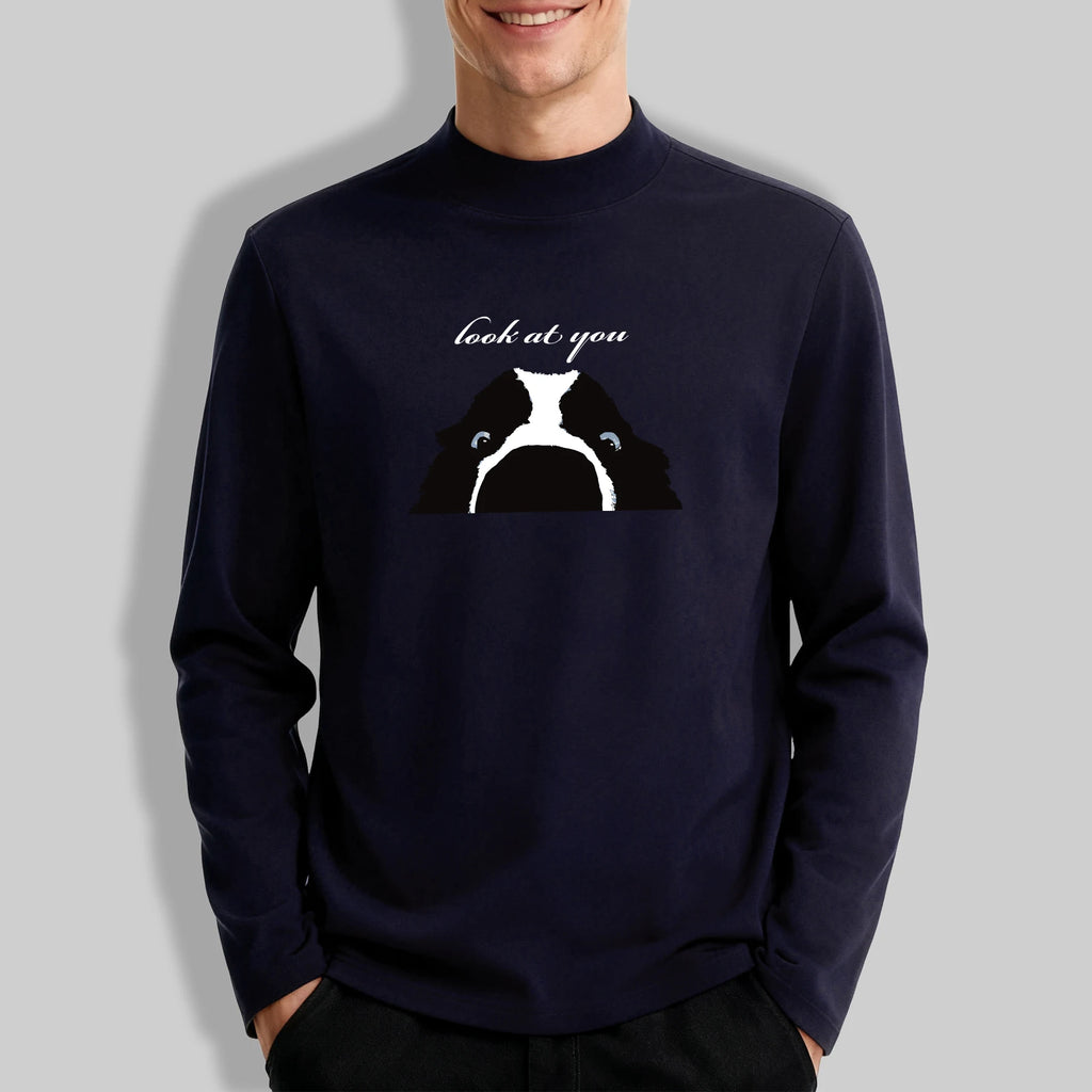 Secretly Watching Your Little Dog Men Mock Neck Elasticity Top Fashion Tee Autumn Retro Soft Long Sleeve Unisex Simple Clothes