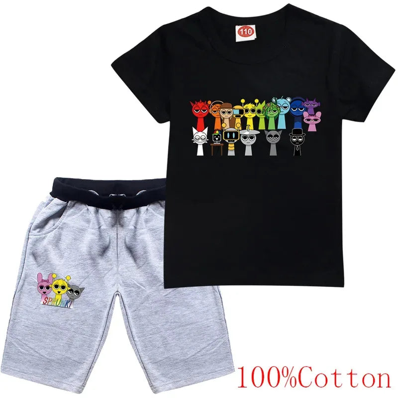 Cute Sprunki Clothes Sets 2025 Summer Kids Cartoon T-shirts Shorts Two-piece Set Baby Boys Tracksuit Girls Outfits