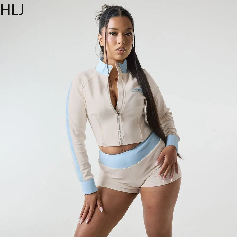 HLJ Autumn New Fashion Letter Embroidery Patchwork Women 2 Piece Set Zip Long Sleeve Crop Top + Shorts Matching Female Tracksuit