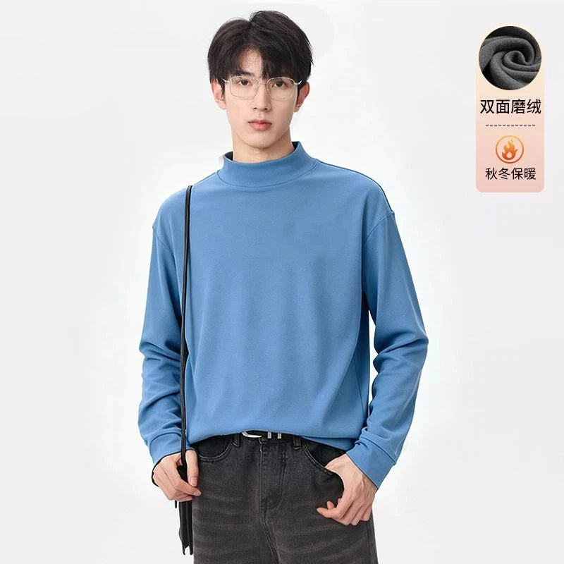 Autumn and Winter Solid Color Double-sided Brushed Half Turtleneck Thermal Bottoming Shirt Long-sleeved T-shirt Men's Casual Top