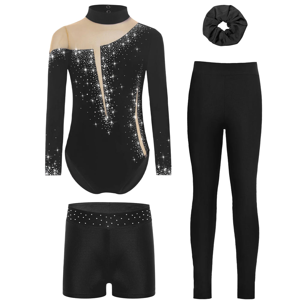 Kids Girls Ballet Gymnastics Dance Outfit Sports Tracksuits Elegant Keyhole Back Leotard with Matching Shorts for Yoga Fitness