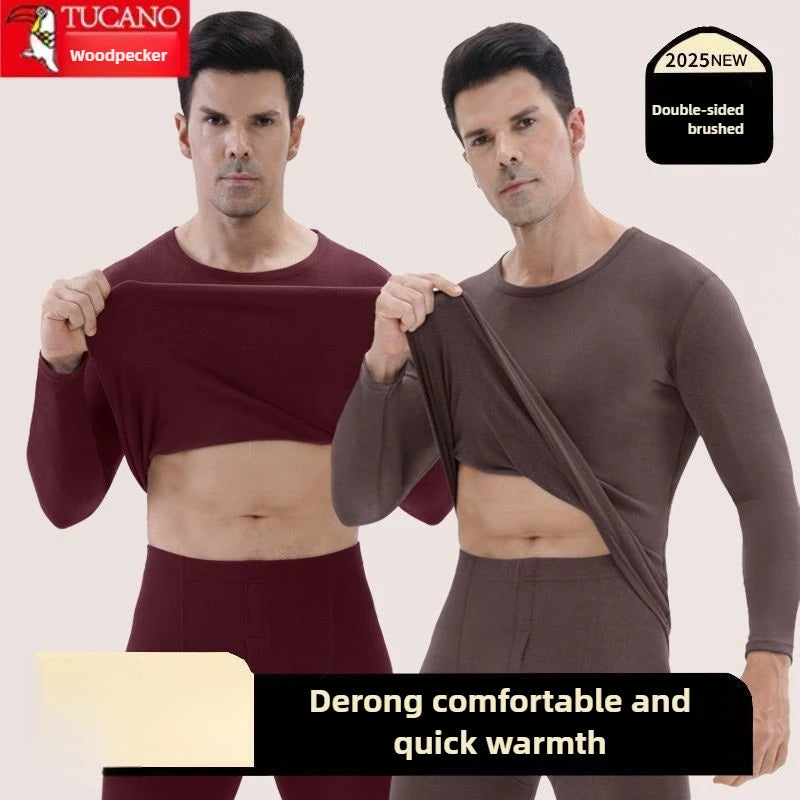 Woodpecker Autumn and Winter Double-sided Velvet Inner Warm Suit Men's Slim-fitting Bottoming Skin-friendly Warm Pajamas Man