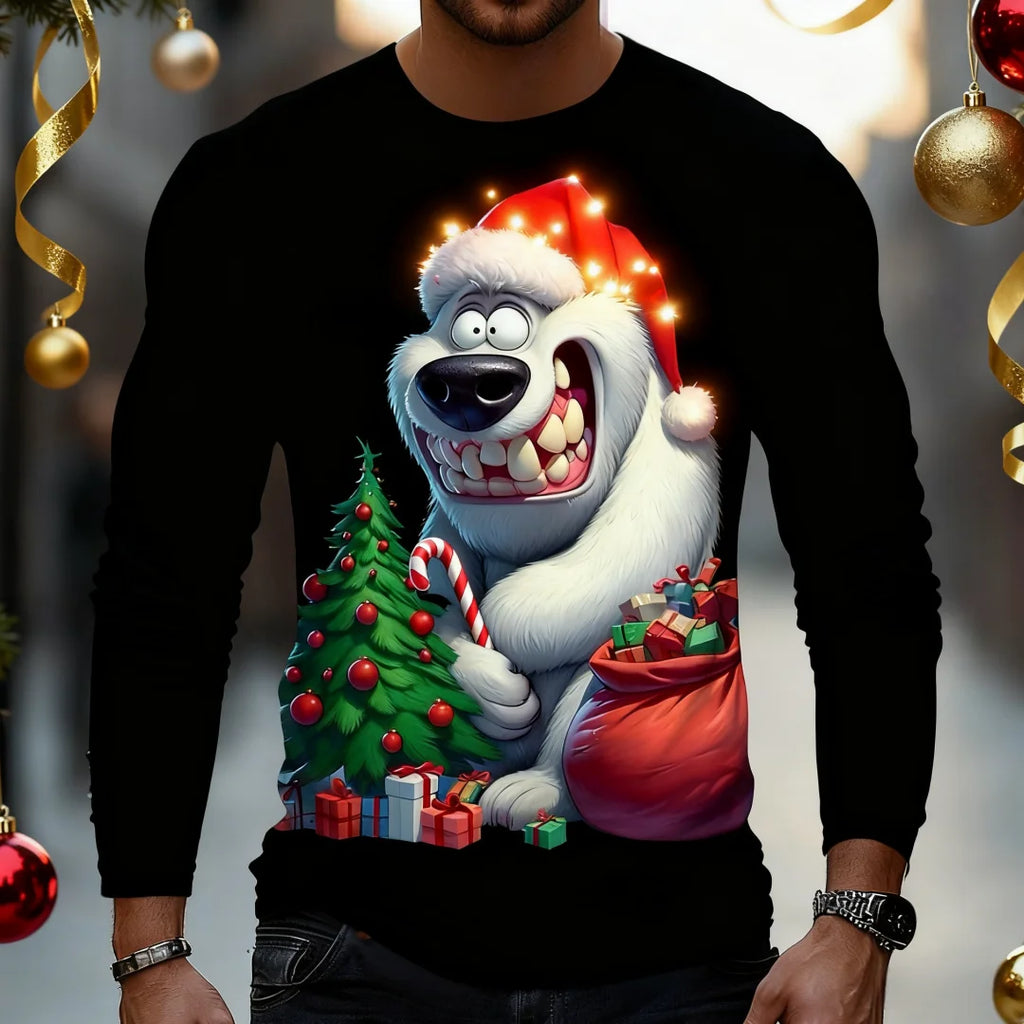 Funny White Bear Graphic T Shirt For Men Christmas Style Men's Long Sleeve Tee Spring Autumn Casual T-shirt Trend Men's Clothing