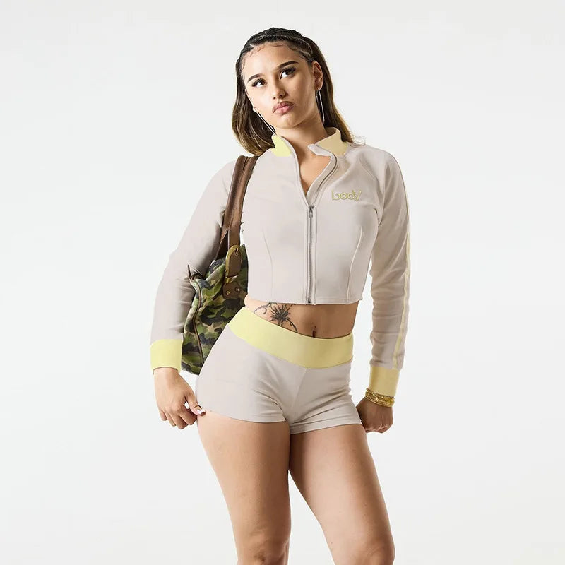 HLJ Autumn New Fashion Letter Embroidery Patchwork Women 2 Piece Set Zip Long Sleeve Crop Top + Shorts Matching Female Tracksuit