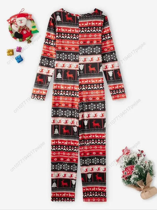 Christmas Themed Women's Lounge Jumpsuit, Striped Color-Blocking Pattern Design - Cozy Long Sleeve V Neck Sleepwear for Fall & W