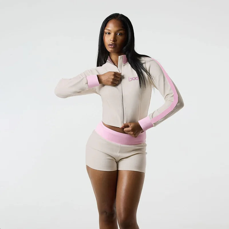 HLJ Autumn New Fashion Letter Embroidery Patchwork Women 2 Piece Set Zip Long Sleeve Crop Top + Shorts Matching Female Tracksuit