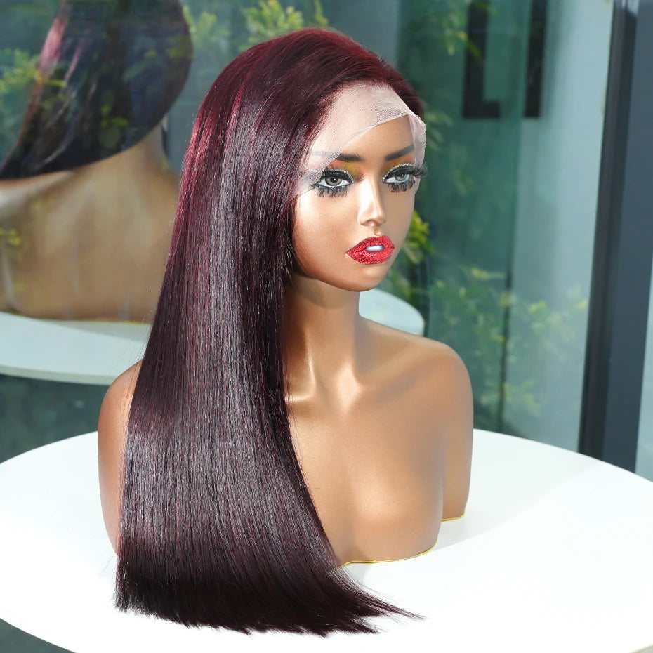 99J Vietnamese 100% Human Hair Lace Front Wigs Bone Straight Dark Red 13x6 Big Lace Frontal Wig Original Double Drawn Wig 250%