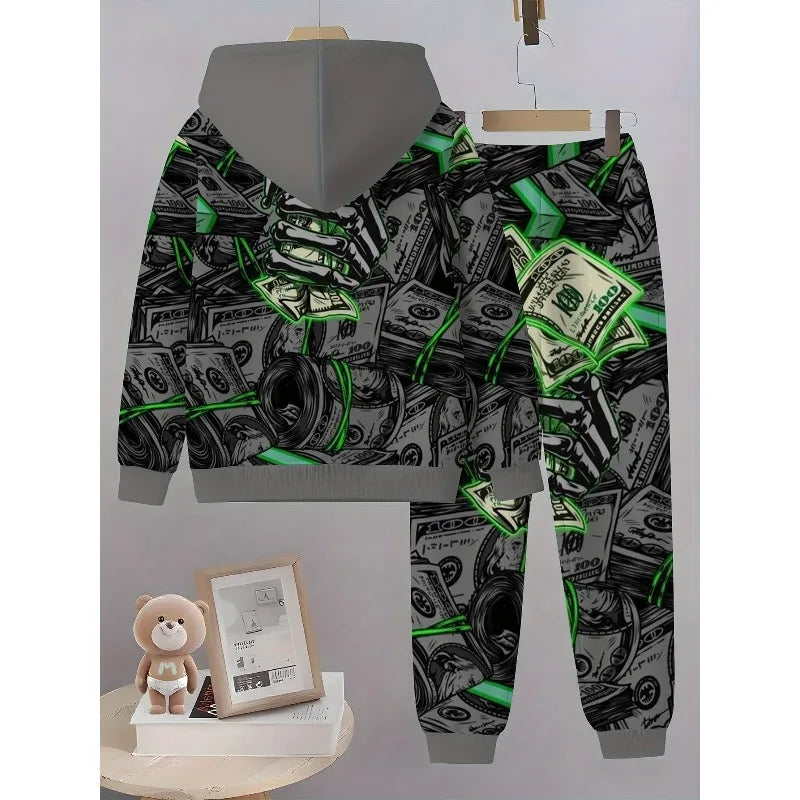 2025 Fashion 3D Printed Skull Money Pattern Casual Set Hooded Long Sleeve Hoodie and Pants Fashion Set Outdoor Activities