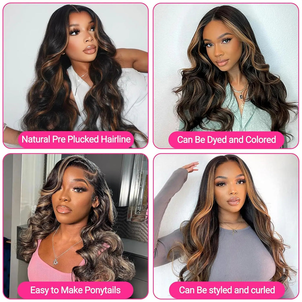 13x6 Highlight Ombre Lace Frontal Wig Human Hair 1B/30 Body Wave Lace Front Wigs 250% Density HD Transparent for Women 30Inch