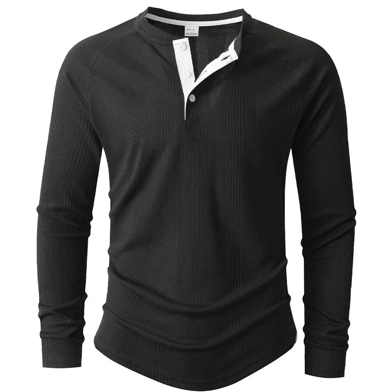 New Round Neck Long Sleeve Henley Bottoming Shirt T-shirt Vertical Stripe Men's POLO Shirt
