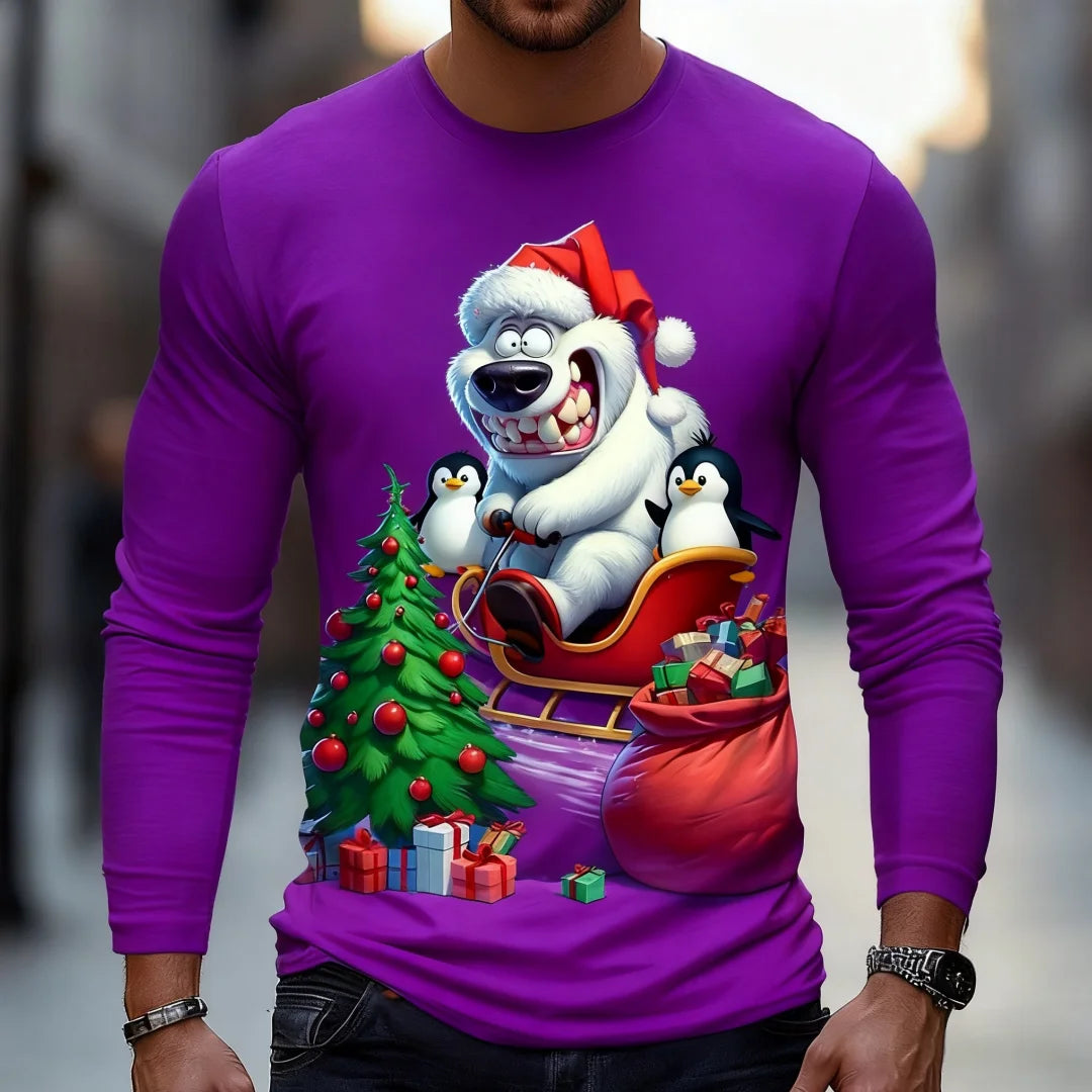 Funny White Bear Graphic T Shirt For Men Christmas Style Men's Long Sleeve Tee Spring Autumn Casual T-shirt Trend Men's Clothing