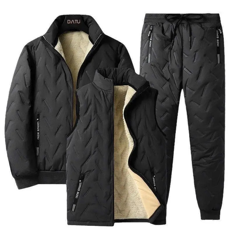 Autumn and Winter New Men's Thermal Three-piece Set Stand-up Collar Lamb Wool Vest Vest Jacket Ultrasonic Trousers