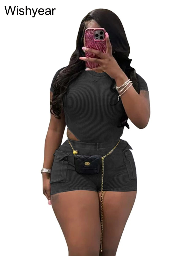 Summer Short Sleeve Bodysuits Top and Pockets Biker Shorts Solid Ribbed Stretch Two 2 Piece Set Women Fitness Tracksuit Clubwear