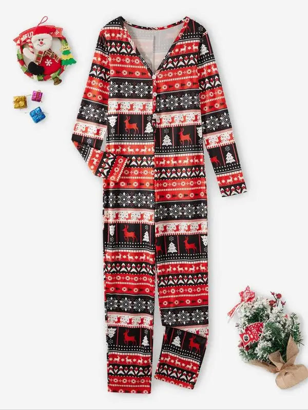 Christmas Themed Women's Lounge Jumpsuit, Striped Color-Blocking Pattern Design - Cozy Long Sleeve V Neck Sleepwear for Fall & W