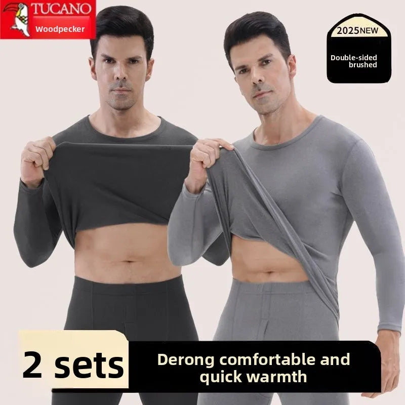 Woodpecker Autumn and Winter Double-sided Velvet Inner Warm Suit Men's Slim-fitting Bottoming Skin-friendly Warm Pajamas Man