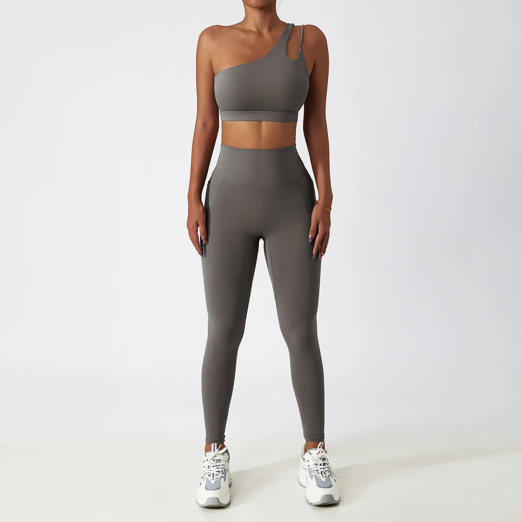 BIANHUI Sportswear Yoga Set Quick-Dry Tight Suit With Pocket Sports Women Tracksuits Asymmetric Shoulder Running Gym Leggings