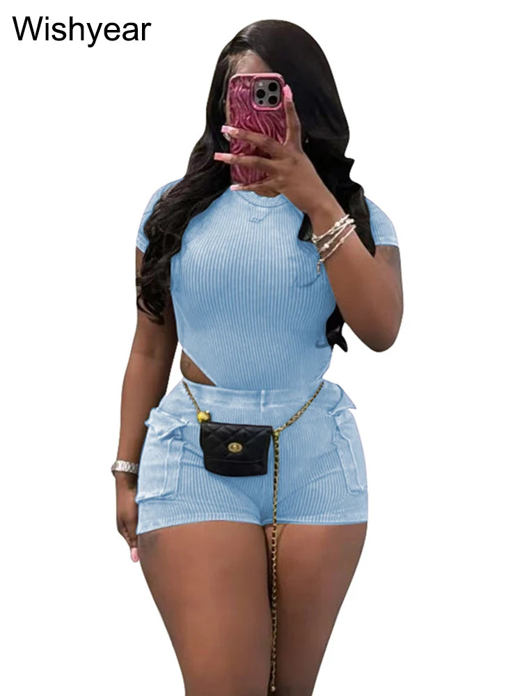 Summer Short Sleeve Bodysuits Top and Pockets Biker Shorts Solid Ribbed Stretch Two 2 Piece Set Women Fitness Tracksuit Clubwear
