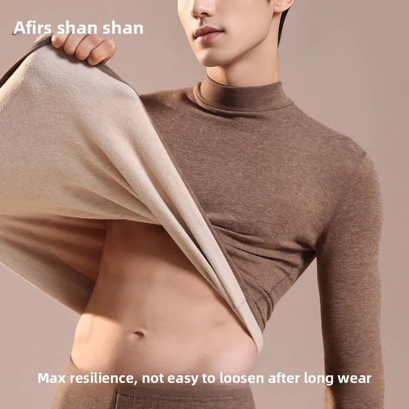 Velvet Thermal Underwear Men's Down Silk Suit Autumn Winter Velvet Thickened High Neck Long Johns Men Snow Peak Warm Pajamas
