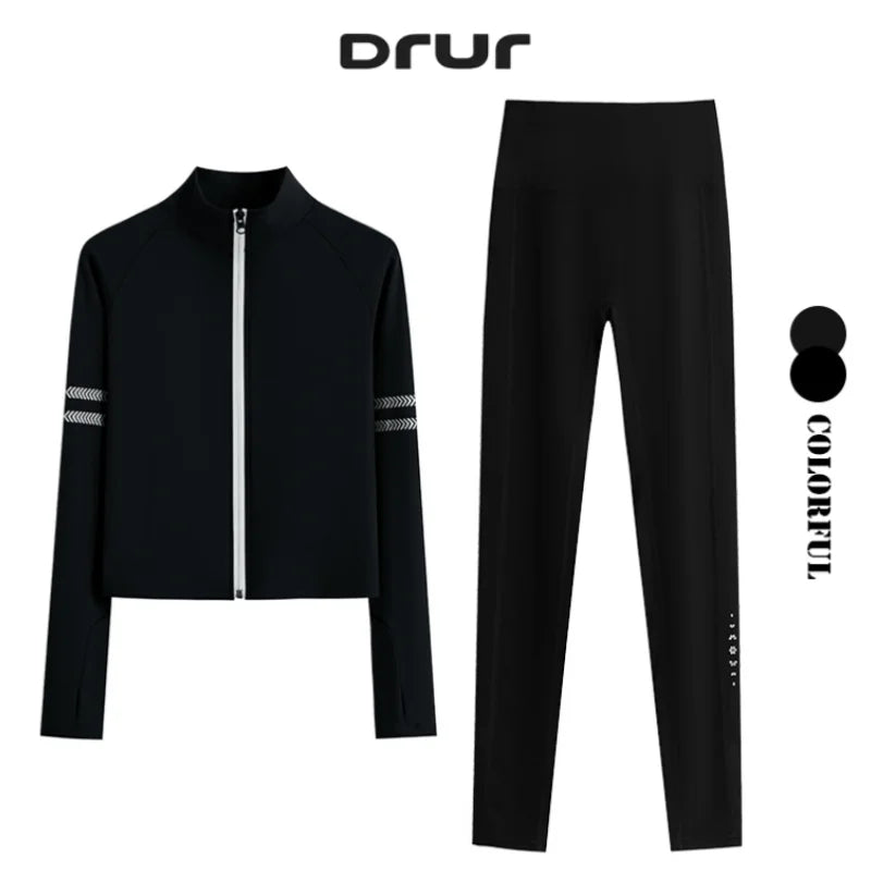 DRUR Two Piece Workout Set Women Bodycon Tracksuit Long Sleeve Running Jacket Matching Jogger Pants Gym Fitness Clothing Outfits
