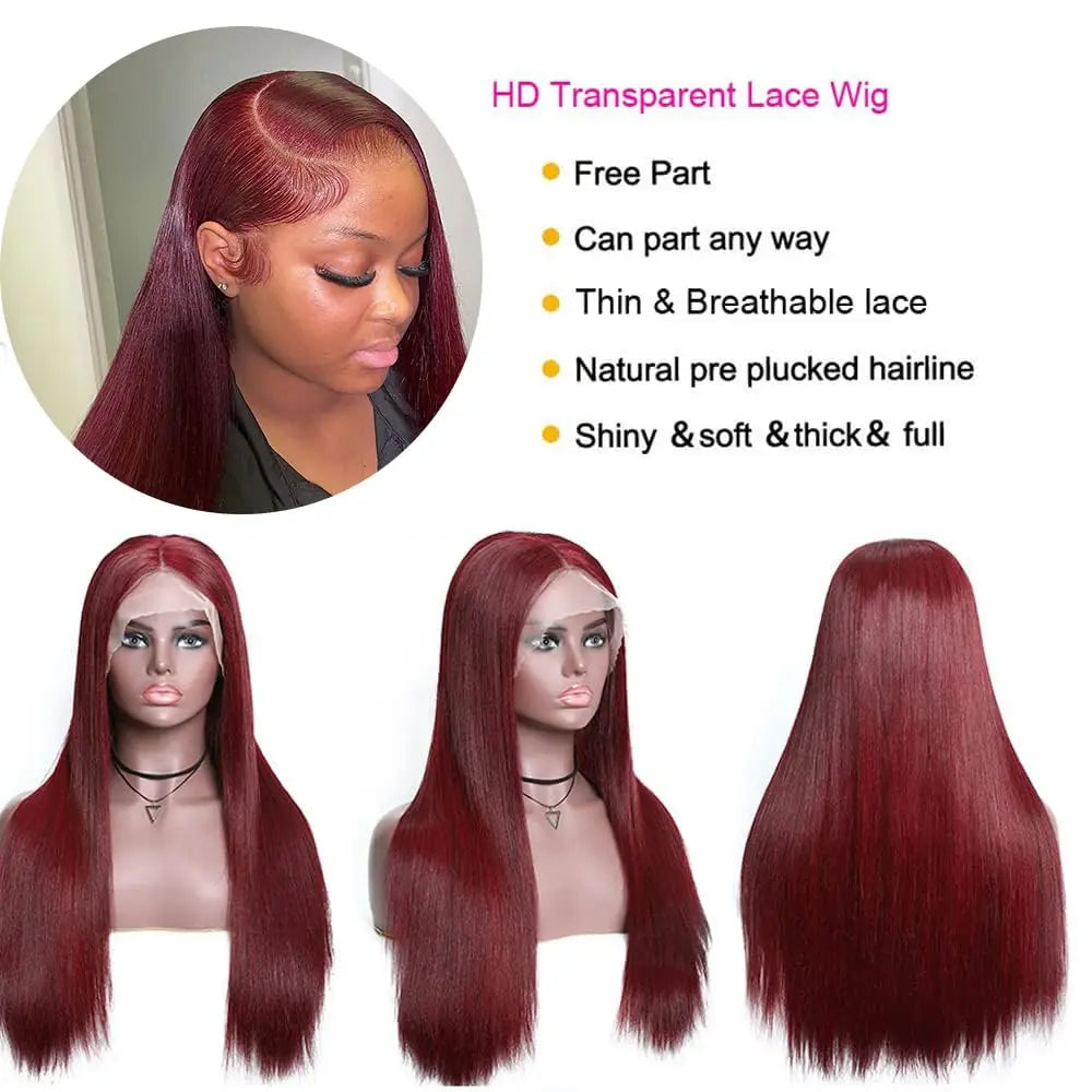 13x6 HD Lace Frontal Human Hair Wig Bone Straight Red 13x4 Lace Front Human Hair Wigs 99J Colored 100% Brazilian Human Hair Wig