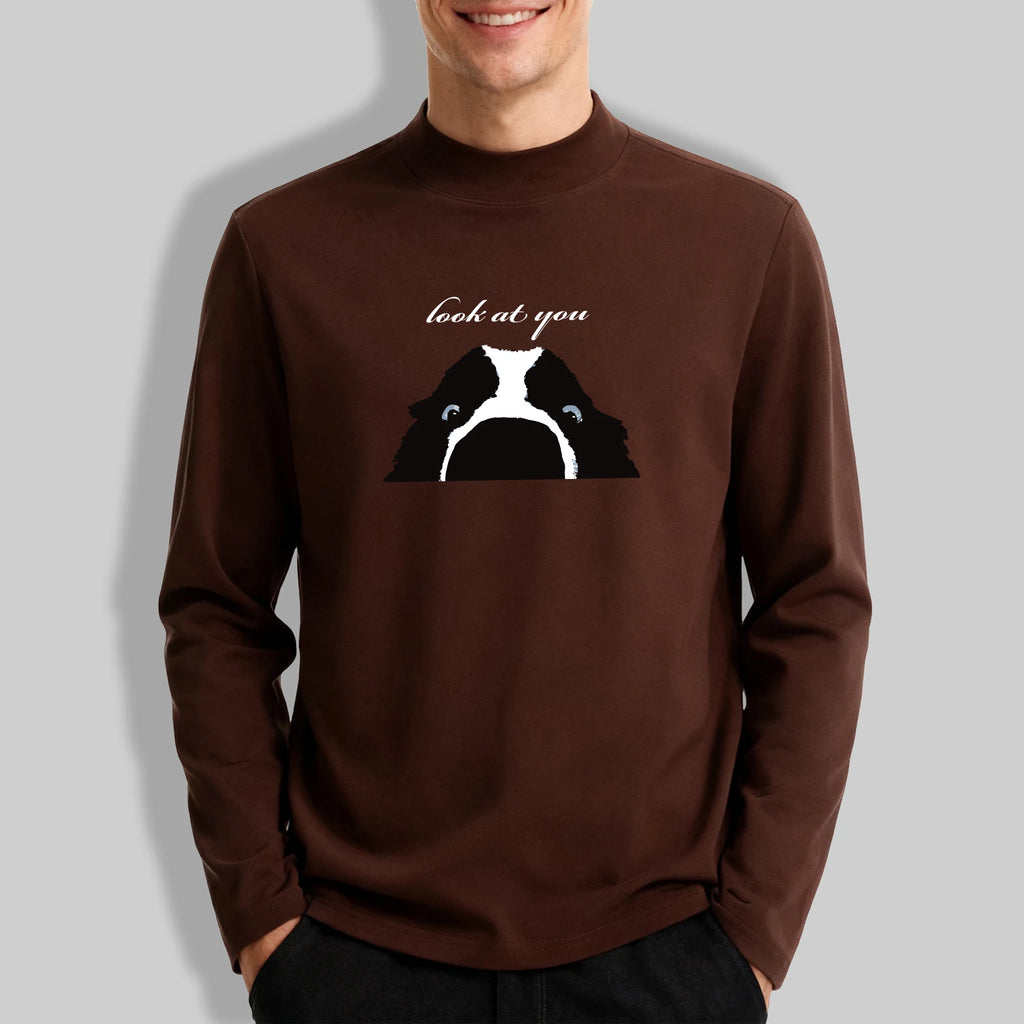 Secretly Watching Your Little Dog Men Mock Neck Elasticity Top Fashion Tee Autumn Retro Soft Long Sleeve Unisex Simple Clothes