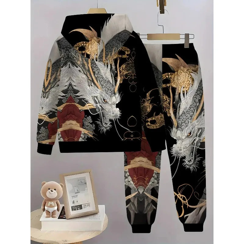 2025 3D Digital Animal Monkey Brown Bear Dragon Printed Hoodie and Sports Pants 2-piece Simple Fashion Casual Set