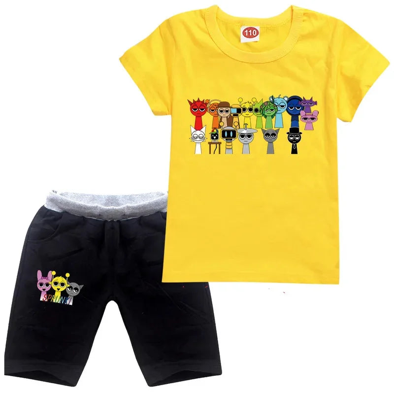 Cute Sprunki Clothes Sets 2025 Summer Kids Cartoon T-shirts Shorts Two-piece Set Baby Boys Tracksuit Girls Outfits
