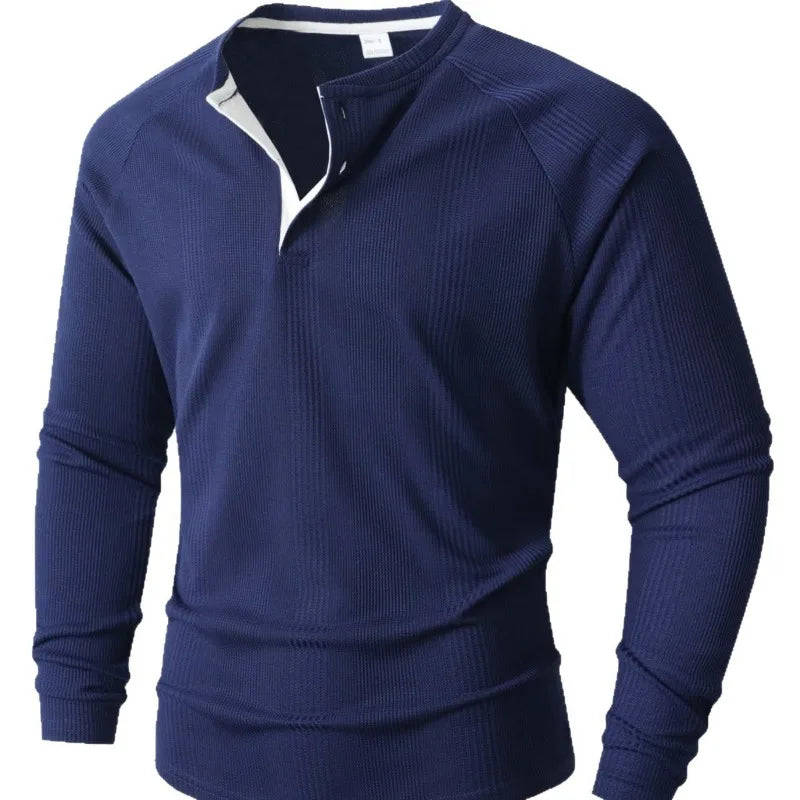 New Round Neck Long Sleeve Henley Bottoming Shirt T-shirt Vertical Stripe Men's POLO Shirt