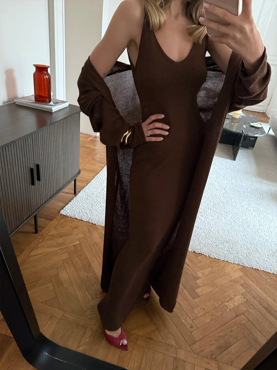 Hirsionsan Soft Loose Sets Women Two Pieces Long Sleeve Cardigan & Vest Dresses Elegant Female Hollow Outfits Cotton Tracksuit