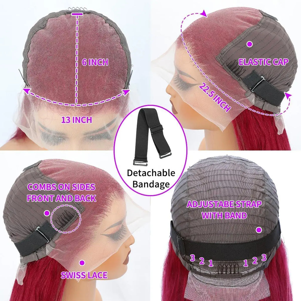 13x6 HD Lace Frontal Human Hair Wig Bone Straight Red 13x4 Lace Front Human Hair Wigs 99J Colored 100% Brazilian Human Hair Wig