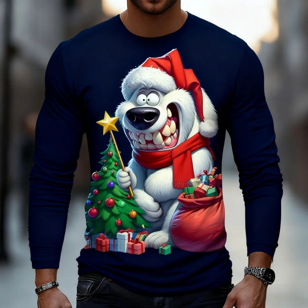 Funny White Bear Graphic T Shirt For Men Christmas Style Men's Long Sleeve Tee Spring Autumn Casual T-shirt Trend Men's Clothing