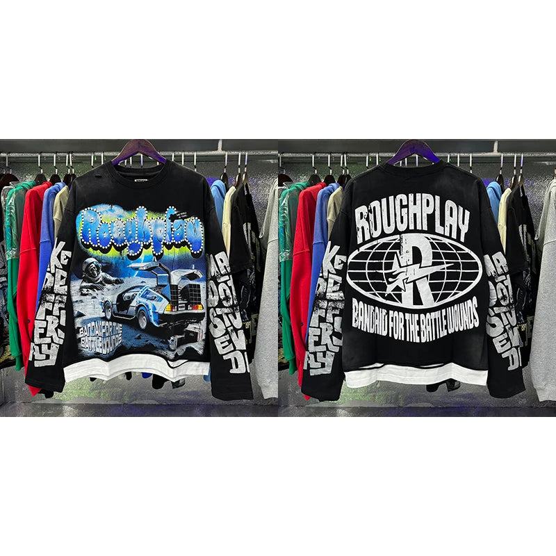 Roughplay Long-sleeved T-shirt Classic Y2K Helicopter Pilot Skull Print Washed Black Cotton T-shirt Tops Men Women Trendy New