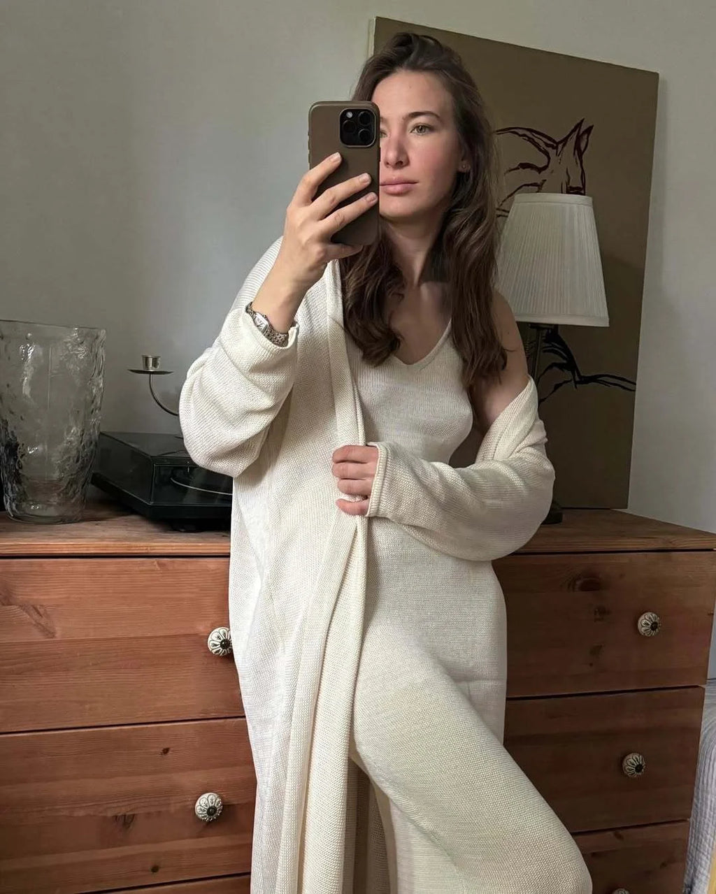 Hirsionsan Soft Loose Sets Women Two Pieces Long Sleeve Cardigan & Vest Dresses Elegant Female Hollow Outfits Cotton Tracksuit